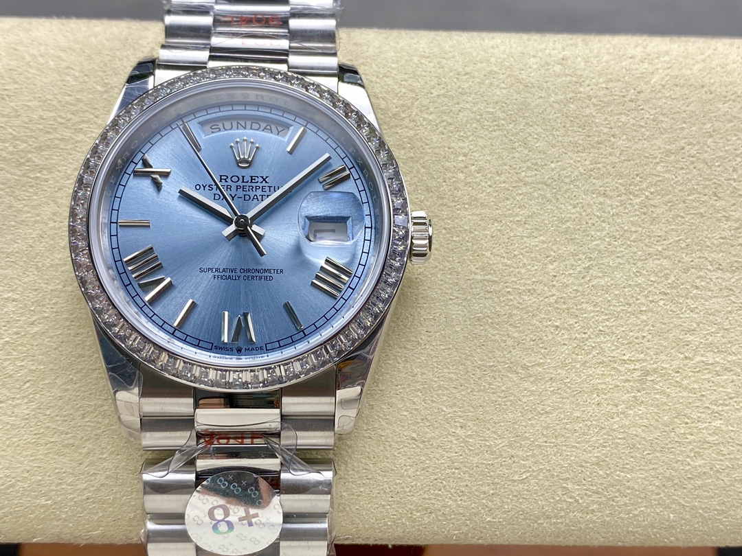 Replica Rolex Day-Date 228396TBR 0030 Ice Blue Dial Platinum Diamond Bezel 40mm Mens Watch - QualitySwissReplica