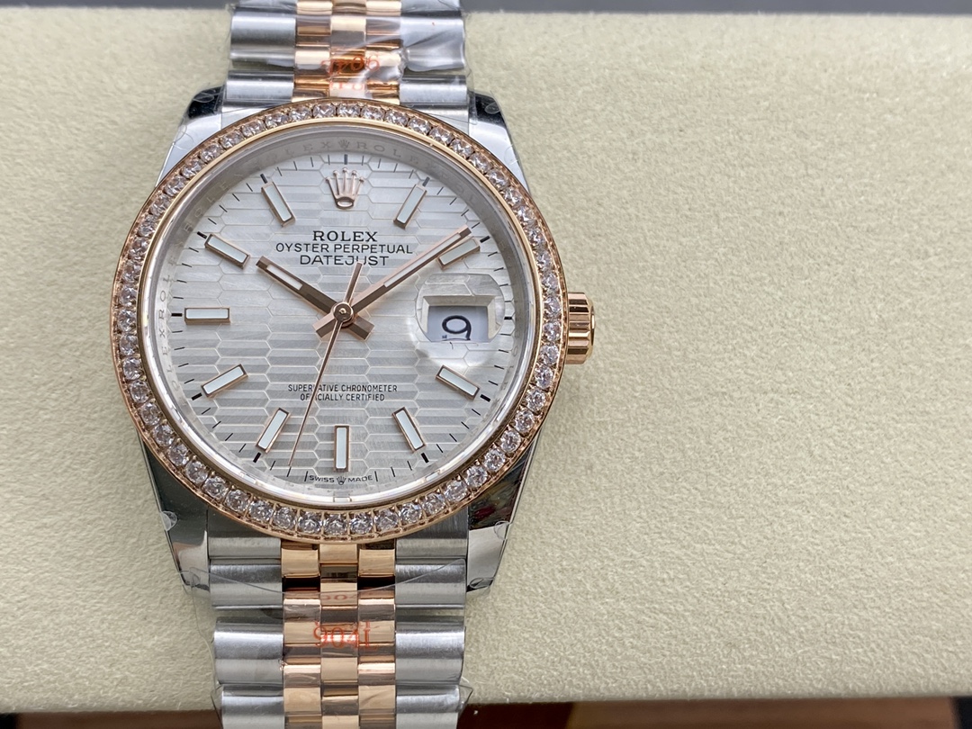 Replica Rolex Datejust 36 Steel & Everose Gold Silver Fluted-Motif Dial Diamond Bezel M126281RBR 0021 Women's Watch - QualitySwissReplica