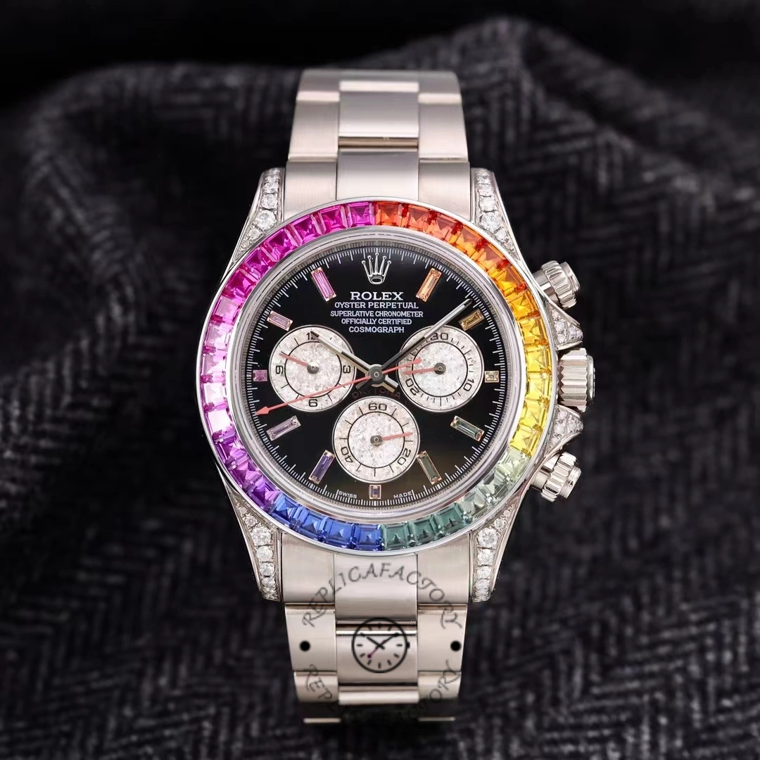 Replica Rolex Daytona 116599RBOW Rainbow White Gold Black Dial Sapphire Bezel - QualitySwissReplica