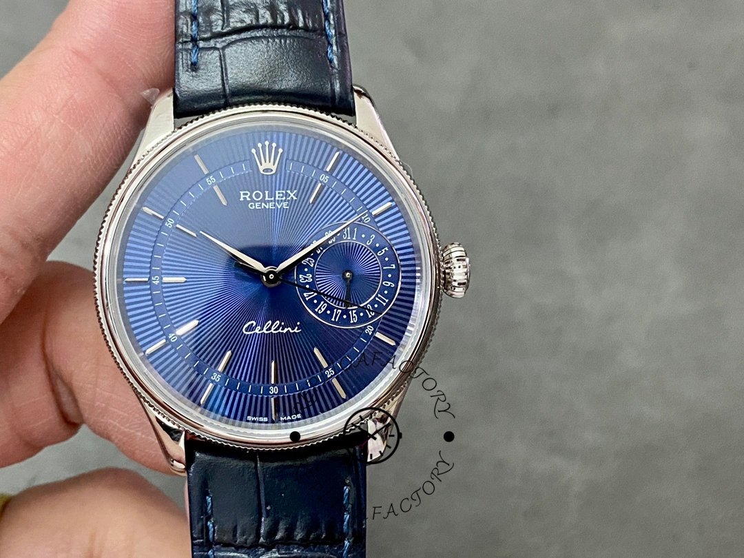 Replica Rolex Cellini Date 50519 Blue Dial Blue Leather Strap 39MM Mens Watch - QualitySwissReplica