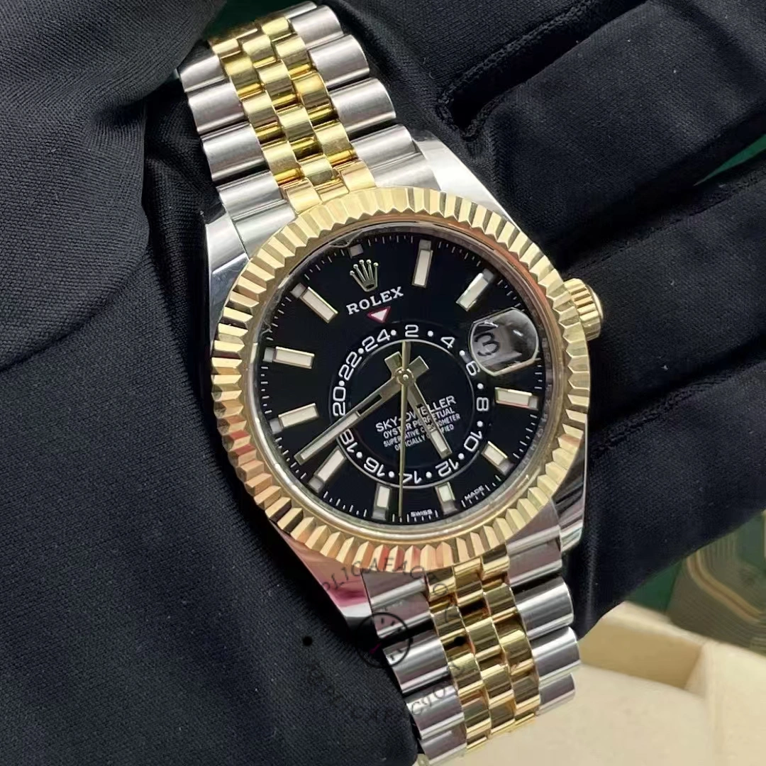 Replica Rolex Sky-Dweller 326933 Stainless Steel Yellow Gold Black Dial 42MM Mens Watch - QualitySwissReplica