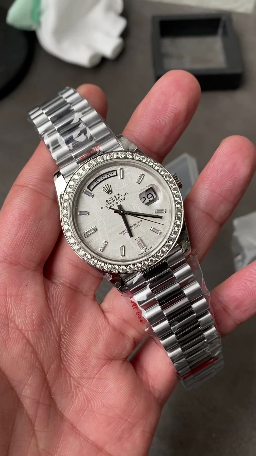 Replica Rolex Day-Date 228349RBR Meteorite Dial Diamond Bezel 40mm Mens Watch - QualitySwissReplica