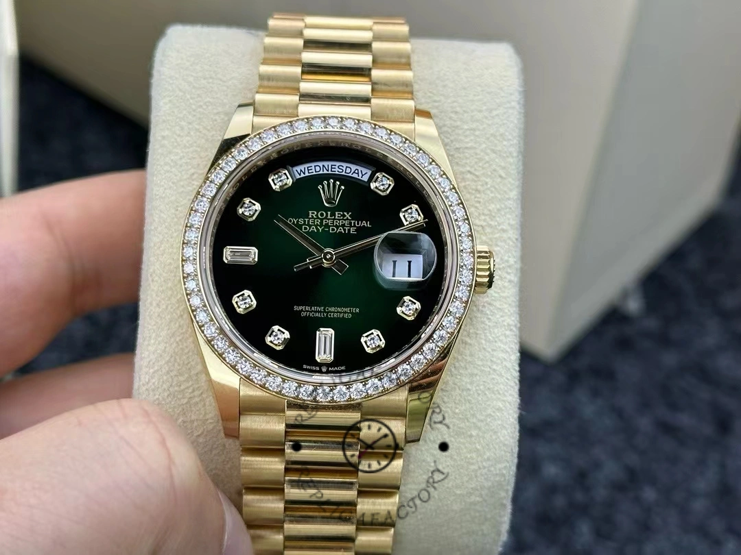 Replica Rolex Day-Date 128348RBR Green Ombre Diamond Dial Yellow Gold 36MM Unisex Watch - QualitySwissReplica