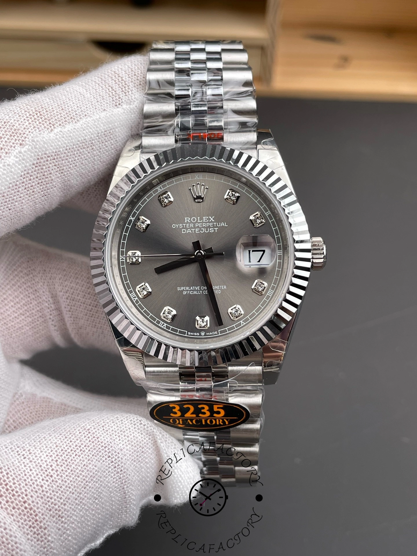 Replica Rolex Datejust 41 Rhodium Diamond Dial Fluted Bezel m126334 0006 Men's Watch - QualitySwissReplica