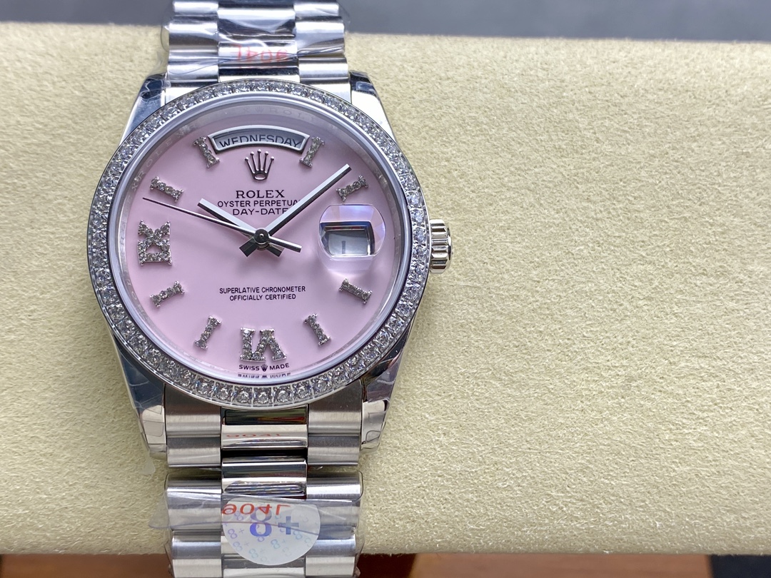 Replica Rolex Day Date 36 Platinum Pink Opal Diamond-Set Roman Dial Diamond Bezel m128396tbr 0009 - QualitySwissReplica