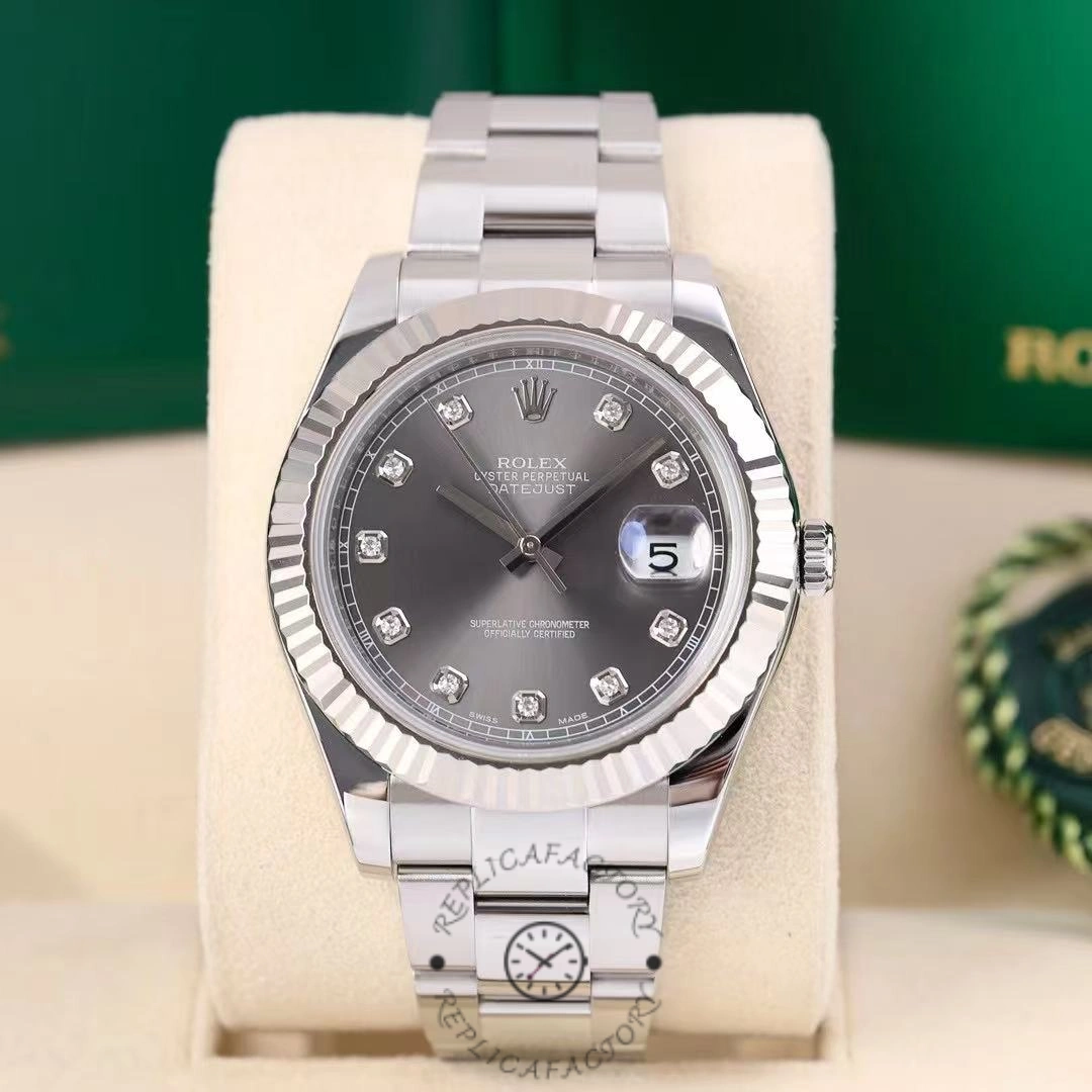 Replica Rolex Datejust m126334 0005 Fluted Bezel Dark Rhodium Grey Dial 41MM Mens Watch - QualitySwissReplica