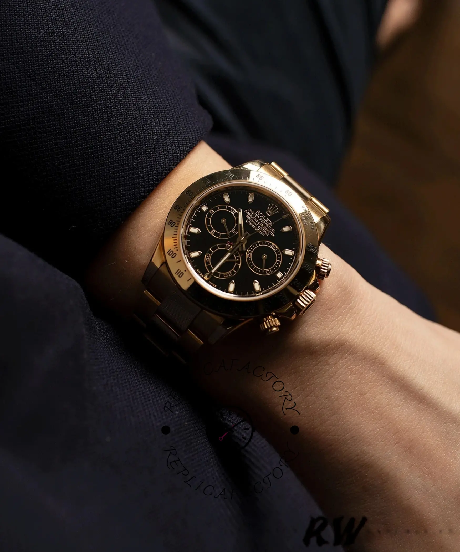 Replica Rolex Daytona 116528 Black Dial Yellow Gold 40mm Mens Watch - QualitySwissReplica