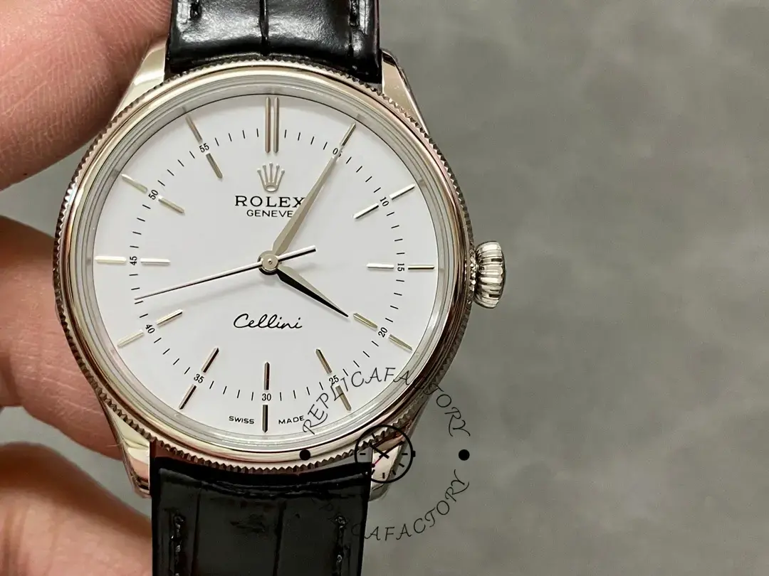 Replica Rolex Cellini Time 50509 Black Leather Strap White Dial 39mm Mens Watch - QualitySwissReplica