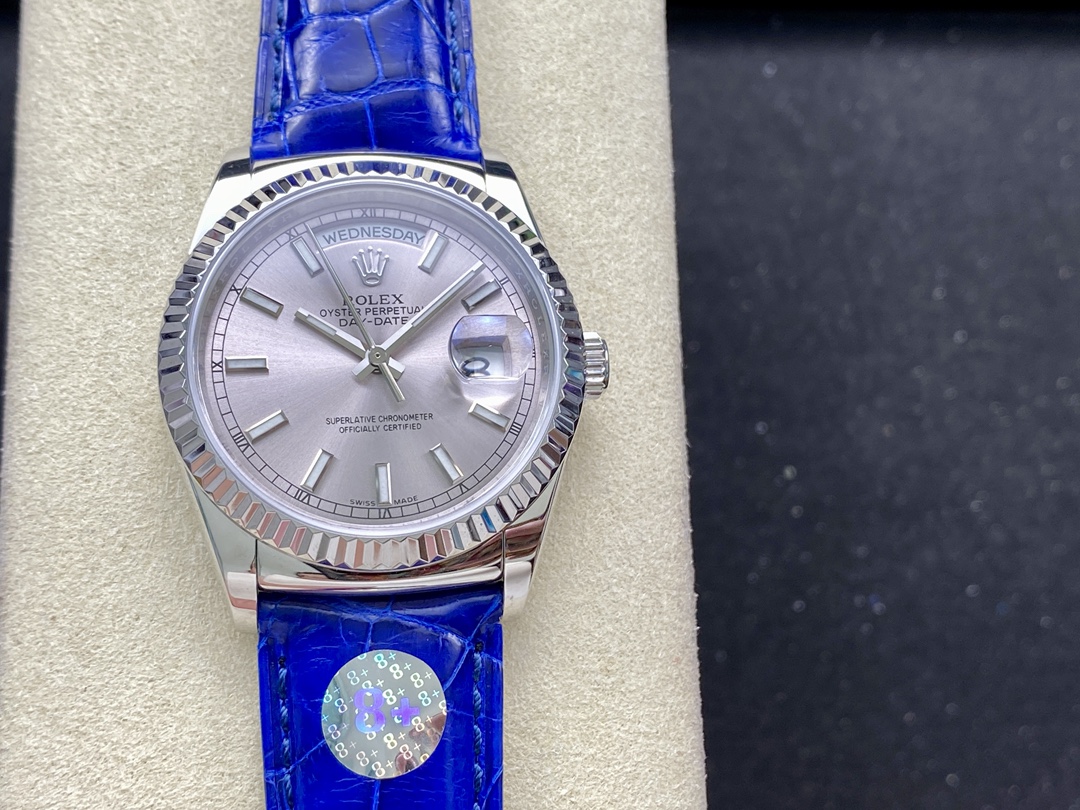 Replica Rolex Day Date 36 White Gold Silver Dial 118139 0097 Blue Leather Strap - QualitySwissReplica
