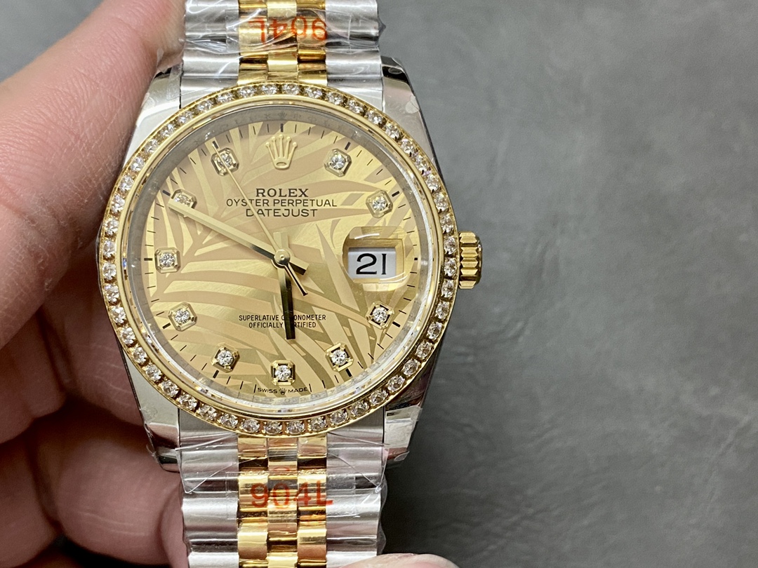 Replica Rolex Datejust 36 Golden Palm Motif 126283RBR 0023 Dial Jubilee Bracelet Watch - QualitySwissReplica