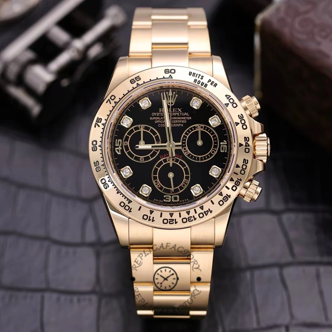 Replica Rolex Daytona 116508 Yellow Gold Black Diamond Dial 40MM Mens Watch - QualitySwissReplica