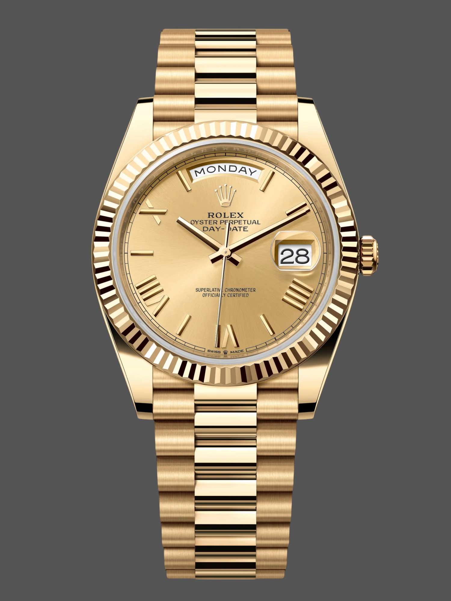 Replica Rolex Day-Date 228238 Champagne Roman Dial Fluted Bezel 40mm Mens Watch - QualitySwissReplica