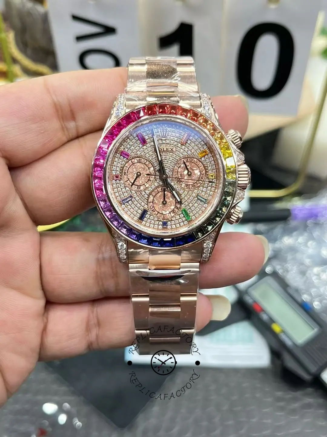 Replica Rolex Daytona 116595RBOW 'Rainbow' Rose Gold Pave Diamond Dial Sapphir - QualitySwissReplica