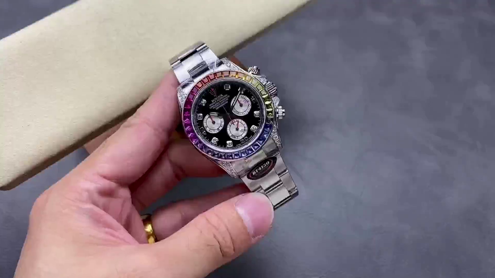 Replica Rolex Daytona 116599RBOW Rainbow White Gold Black Dial Sapphire Bezel - QualitySwissReplica