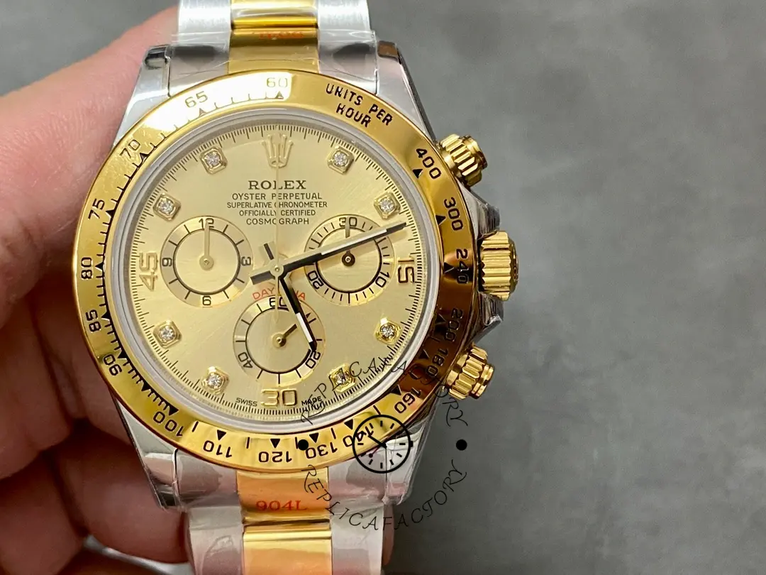 Replica Rolex Cosmograph Daytona 116503 Yellow Gold Champagne Diamond Dial 40MM Mens Watch - QualitySwissReplica