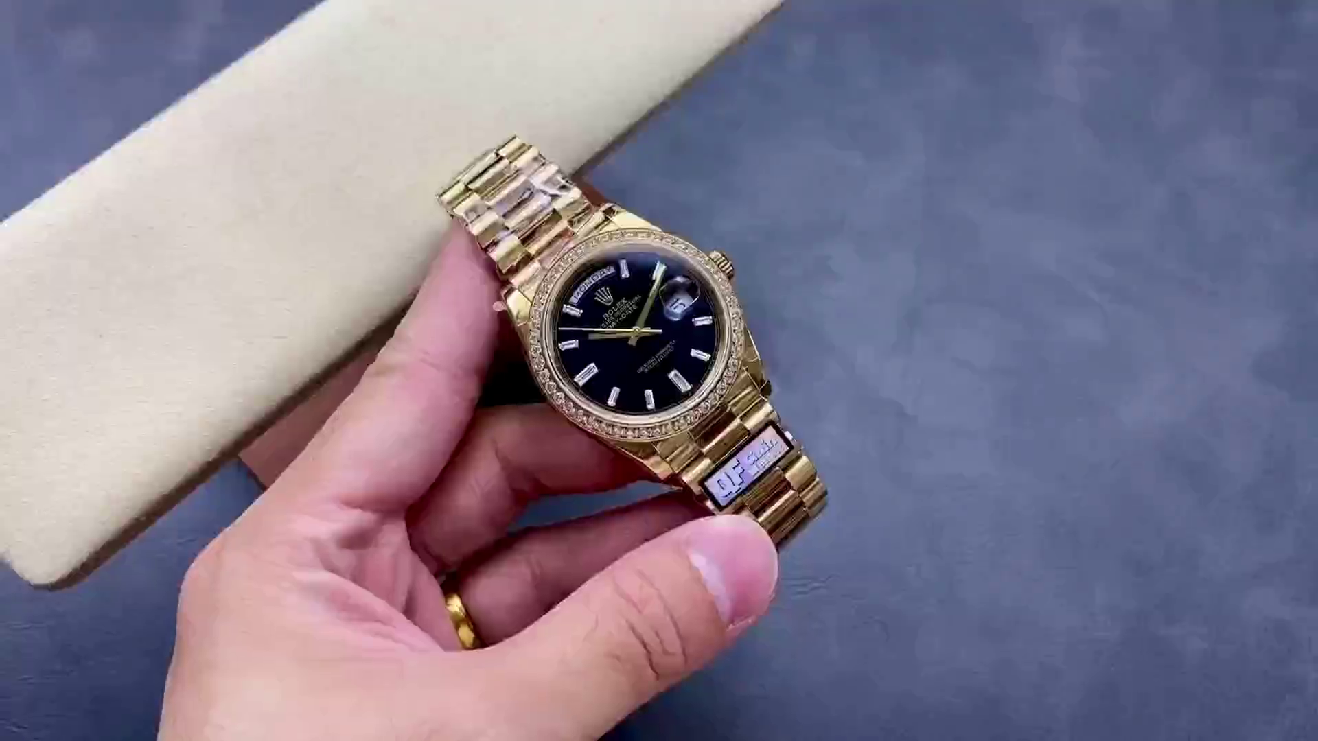 Replica Rolex Day-Date 228348RBR 0039 Black Diamond Dial Diamond Bezel 40mm Mens Watch - QualitySwissReplica