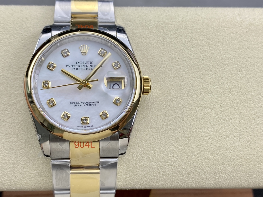 Replica Rolex Datejust 36 Steel & Yellow Gold Mother of Pearl Diamond Dial M126203 0024 Women's Watch - QualitySwissReplica