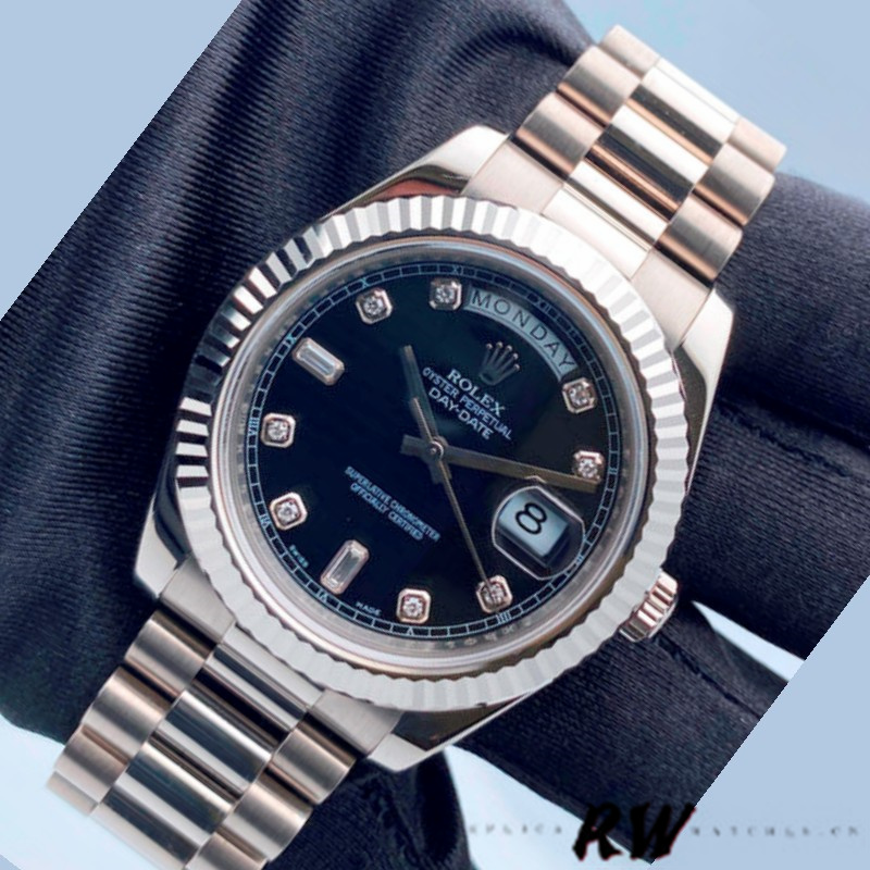 Replica Rolex Day-Date 218239 Diamond Black Dial White Gold 41MM Mens Watch - QualitySwissReplica