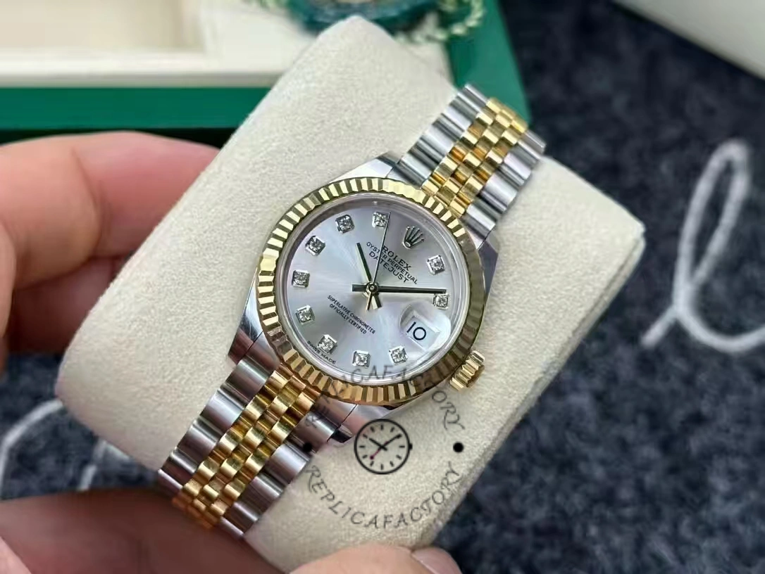 Replica Rolex Datejust 279173 Silver Diamond Dial Fluted Bezel 28mm Lady Watch - QualitySwissReplica