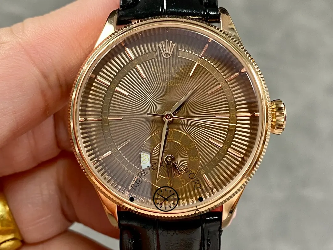 Replica Rolex Cellini Dual Time 50525 Brown Guilloche Dial Black Leather Strap 39mm Mens Watch - QualitySwissReplica