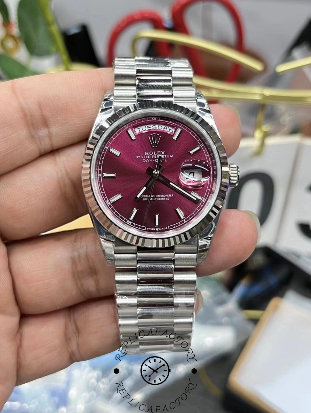 Replica Rolex Day-Date 118239 Cherry Red Dial Fluted Bezel 36mm Lady Watch - QualitySwissReplica