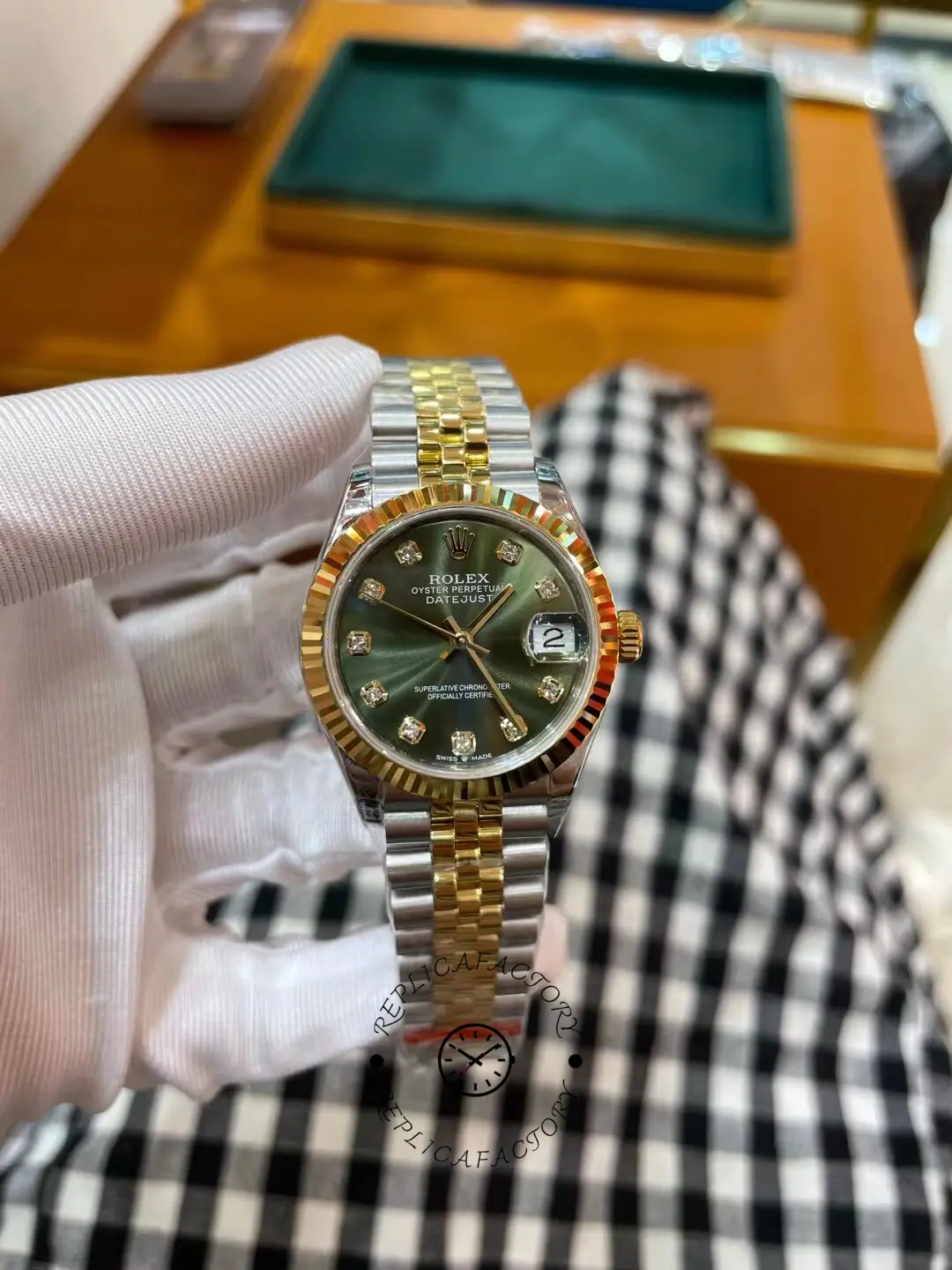 Replica Rolex Datejust 31mm Stainless Steel and Yellow Gold 278273 0030 Green Jubilee - QualitySwissReplica