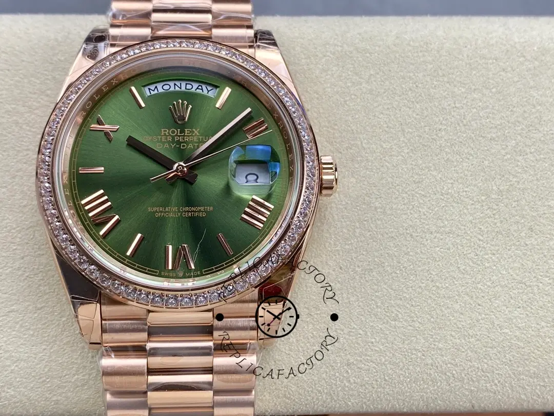 Replica Rolex Day-Date 228345RBR 0011 Olive Green Roman Dial Diamond Bezel 40mm Mens Watch - QualitySwissReplica