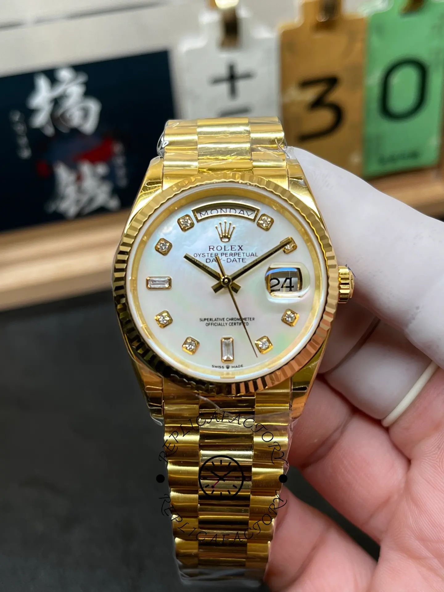 Replica Rolex Day Date 36mm Yellow Gold 128238 0011 MOP Diamond - QualitySwissReplica