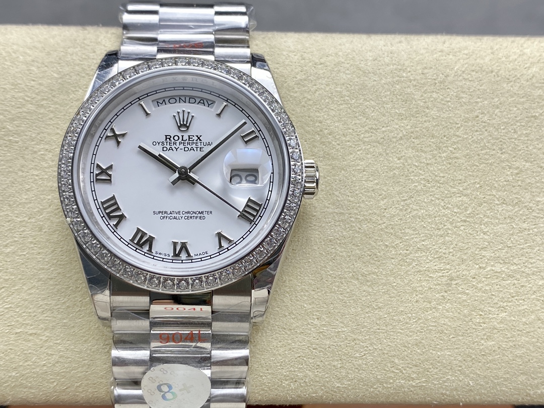 Replica Rolex Day Date 36 White Gold Diamond Bezel White Dial m128399tbr 0019 - QualitySwissReplica