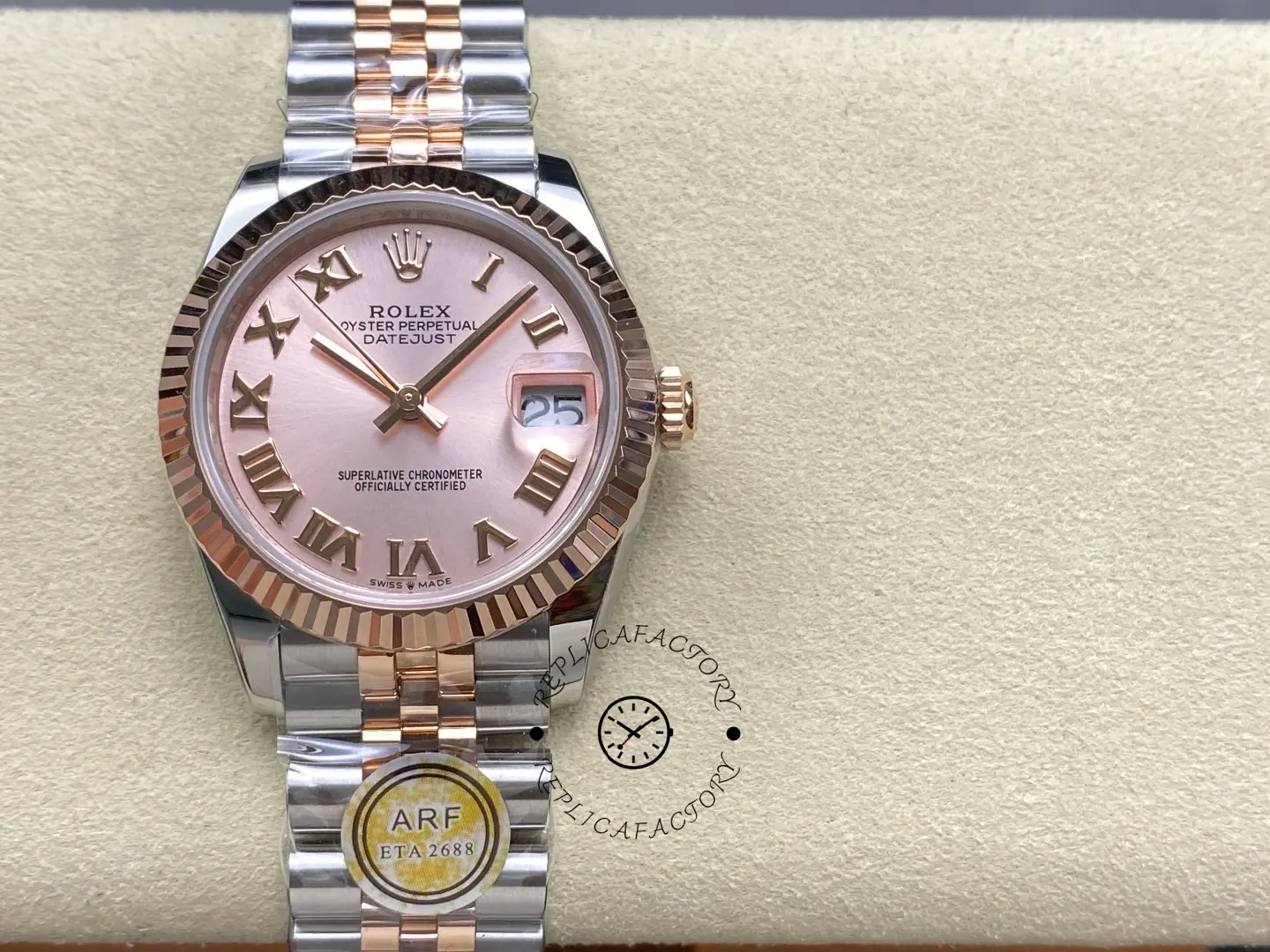 Replica Rolex Datejust 278271 Sun Dust Roman Dial Two Tone Rose Gold Fluted Bezel Jubilee - QualitySwissReplica