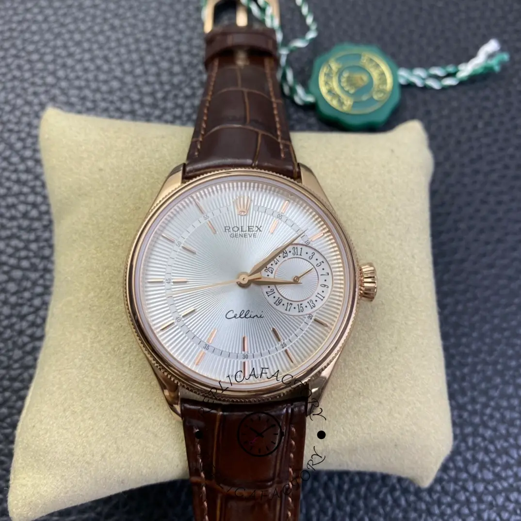 Replica Rolex Cellini Date Rose Gold Silver Crocodile Leather Strap 50515 39mm Mens Watch - QualitySwissReplica