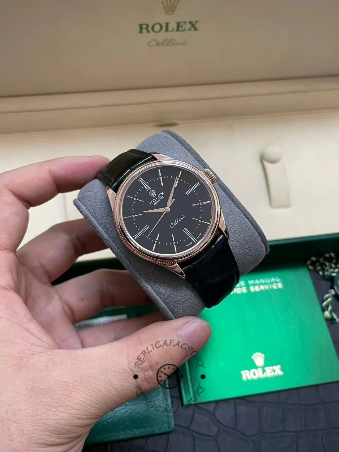 Replica Rolex Cellini Time 50505 Black Leather Strap Black Dial 39mm Mens Watch - QualitySwissReplica
