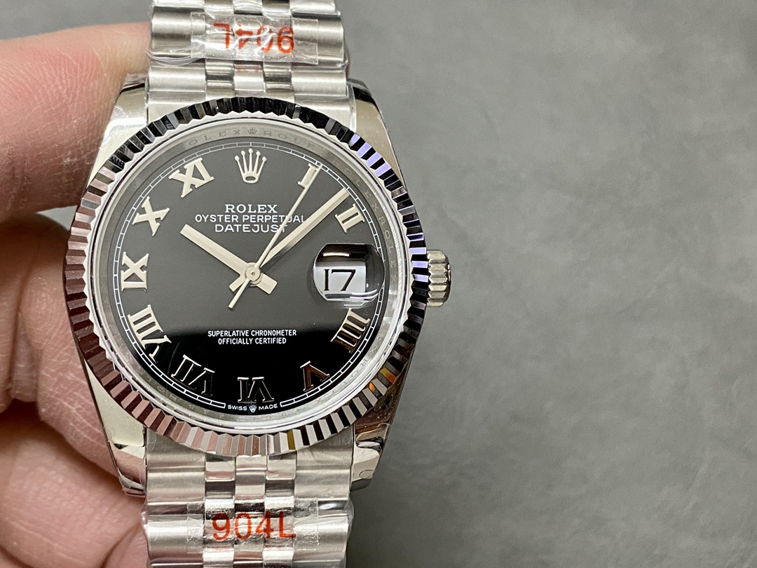 Replica Rolex Datejust 116234 Stainless Steel Fluted Bezel Black Roman Dial 36mm Mens Watch - QualitySwissReplica