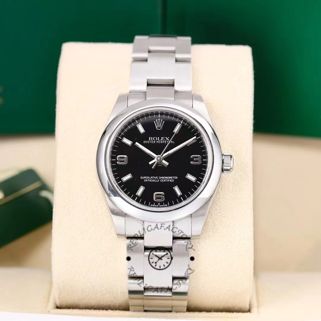 Replica Rolex Oyster Perpetual 177200 Black Arabic Dial Domed Bezel 31mm Lady Watch - QualitySwissReplica