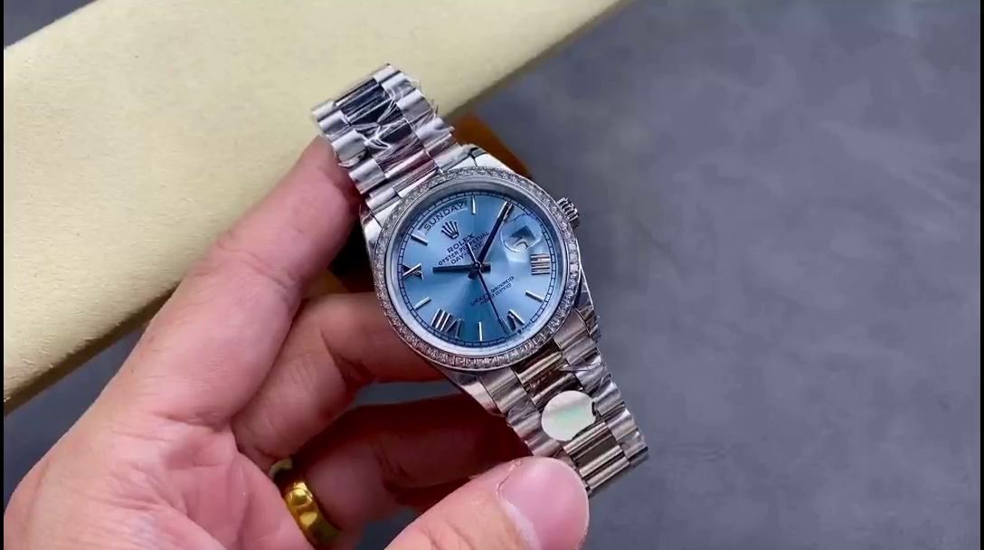 Replica Rolex Day-Date 228396TBR 0030 Ice Blue Dial Platinum Diamond Bezel 40mm Mens Watch - QualitySwissReplica