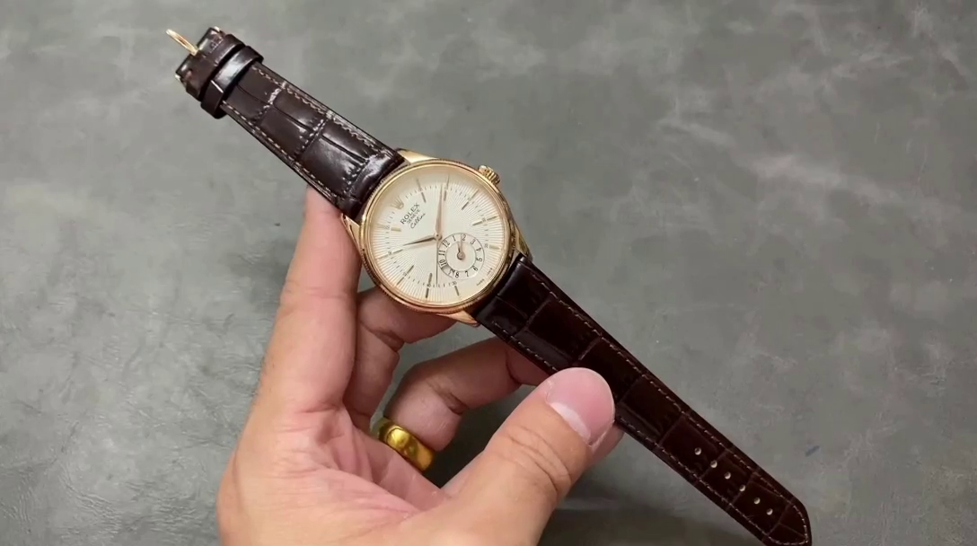 Replica Rolex Cellini Dual Time 50525 Silver Dial Black Leather Strap 39mm Mens Watch - QualitySwissReplica