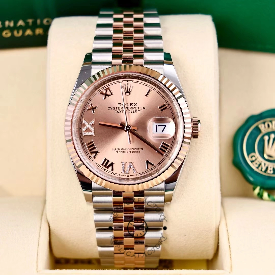Replica Rolex Datejust 36 Steel & Everose Gold Rose Diamond Pave Roman Dial m126231 0027 - QualitySwissReplica