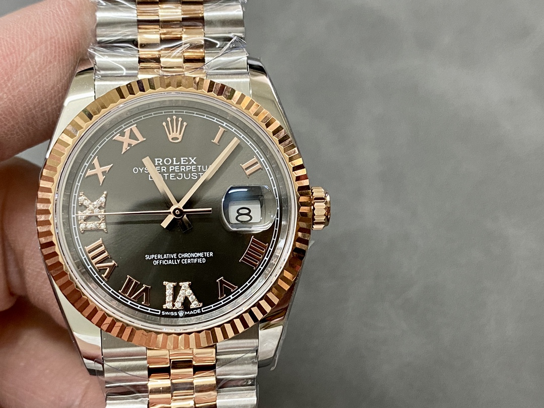 Replica Rolex Datejust 36 Everose Gold Slate Diamond Pave Roman Dial m126231 0023 Women's Watch - QualitySwissReplica
