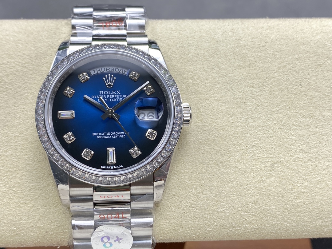 Replica Rolex Day-Date 128349RBR 0010 Blue Ombre Dial Diamond Bezel 36MM Unisex Watch - QualitySwissReplica