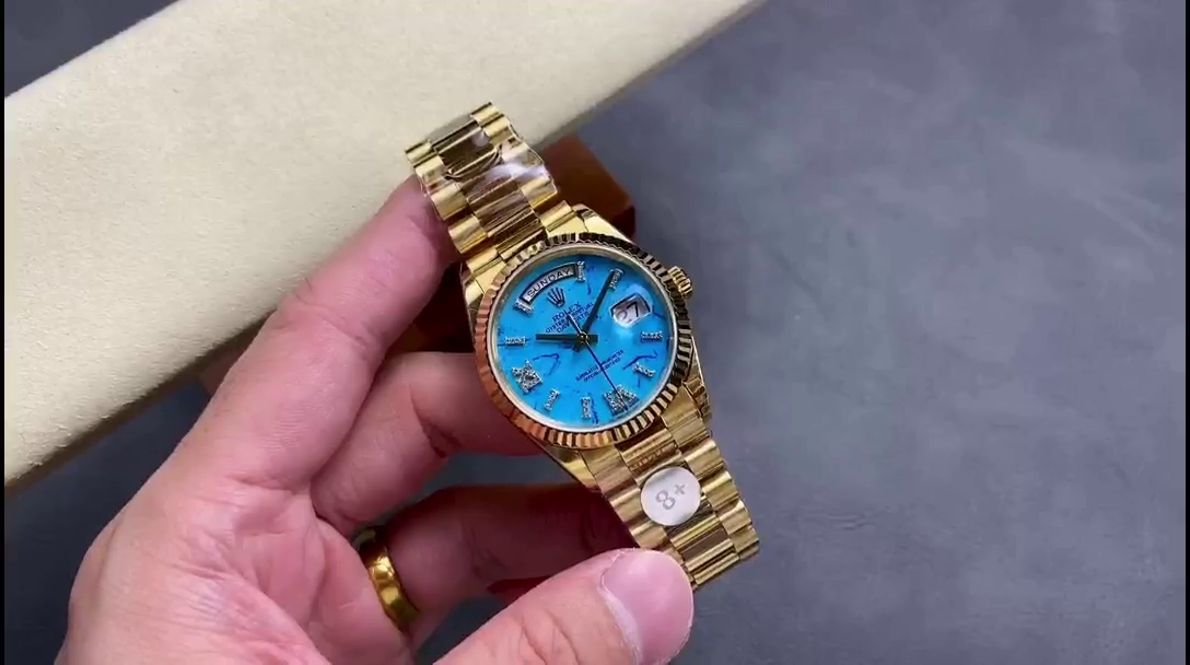 Replica Rolex Day-Date 128238 Fluted Bezel Turquoise Diamond Dial 36MM Unisex Watch - QualitySwissReplica