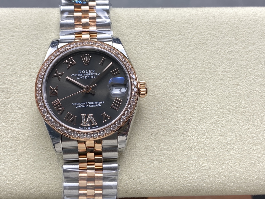 Replica Rolex Datejust Lady 31 Rose Gold Steel Slate Roman Diamond VI Dial & Diamond Bezel Jubilee Bracelet 278381RBR - QualitySwissReplica