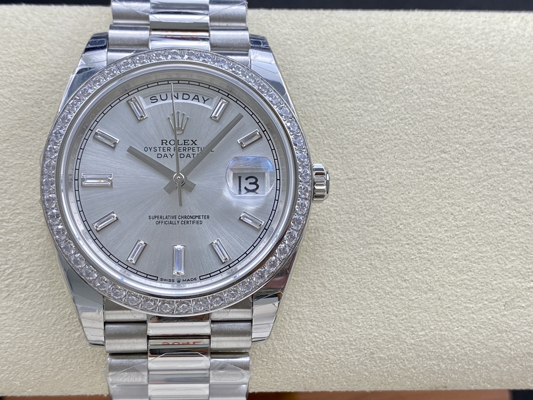 Replica Rolex Day-Date 228349RBR Silver Dial Diamond Bezel 40mm Mens Watch - QualitySwissReplica