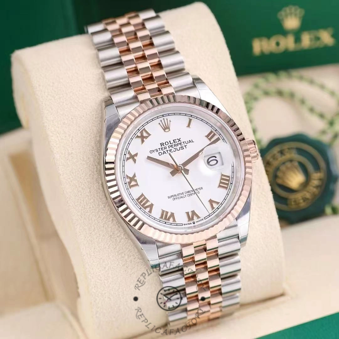 Replica Rolex Datejust m126231 0015 36mm White Roman Steel & Rose Gold Women's Watch - QualitySwissReplica