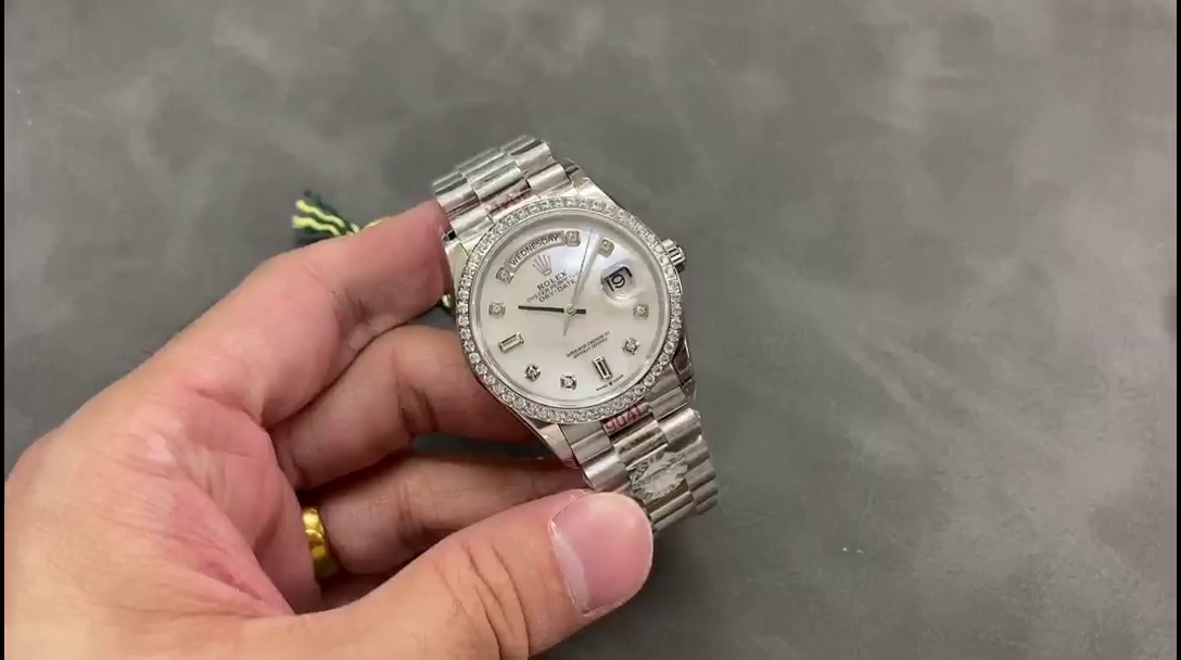 Replica Rolex Day-Date 128349RBR White Mother of Pearl Dial Diamond Bezel 36MM Lady Watch - QualitySwissReplica