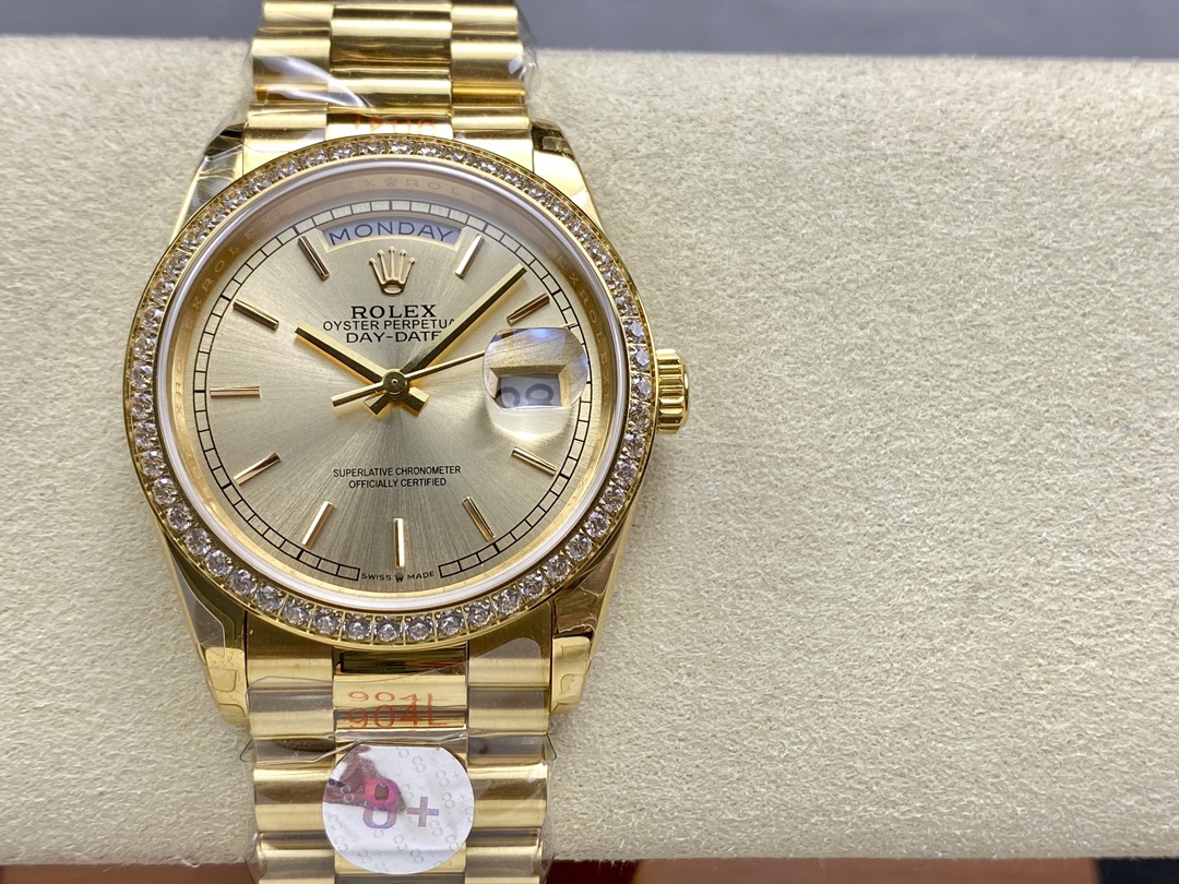 Replica Rolex Day-Date 128348RBR Champagne Index Dial Yellow Gold 36MM Unisex Watch - QualitySwissReplica