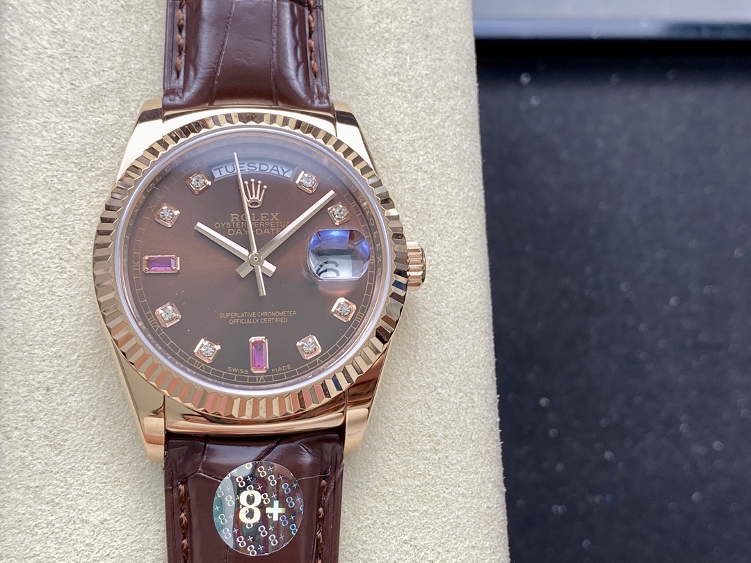 Replica Rolex Day Date 36 Everose Diamond Chocolate 118135 0020 Watch - QualitySwissReplica