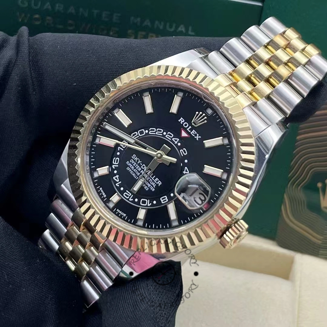 Replica Rolex Sky-Dweller 326933 Stainless Steel Yellow Gold Black Dial 42MM Mens Watch - QualitySwissReplica