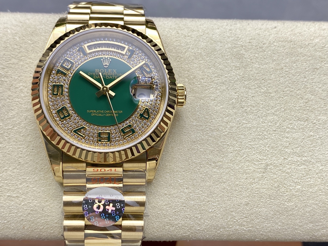 Replica Rolex Day-Date 118238 Yellow Gold Green Diamond Pave Dial 36mm Unisex Watch - QualitySwissReplica