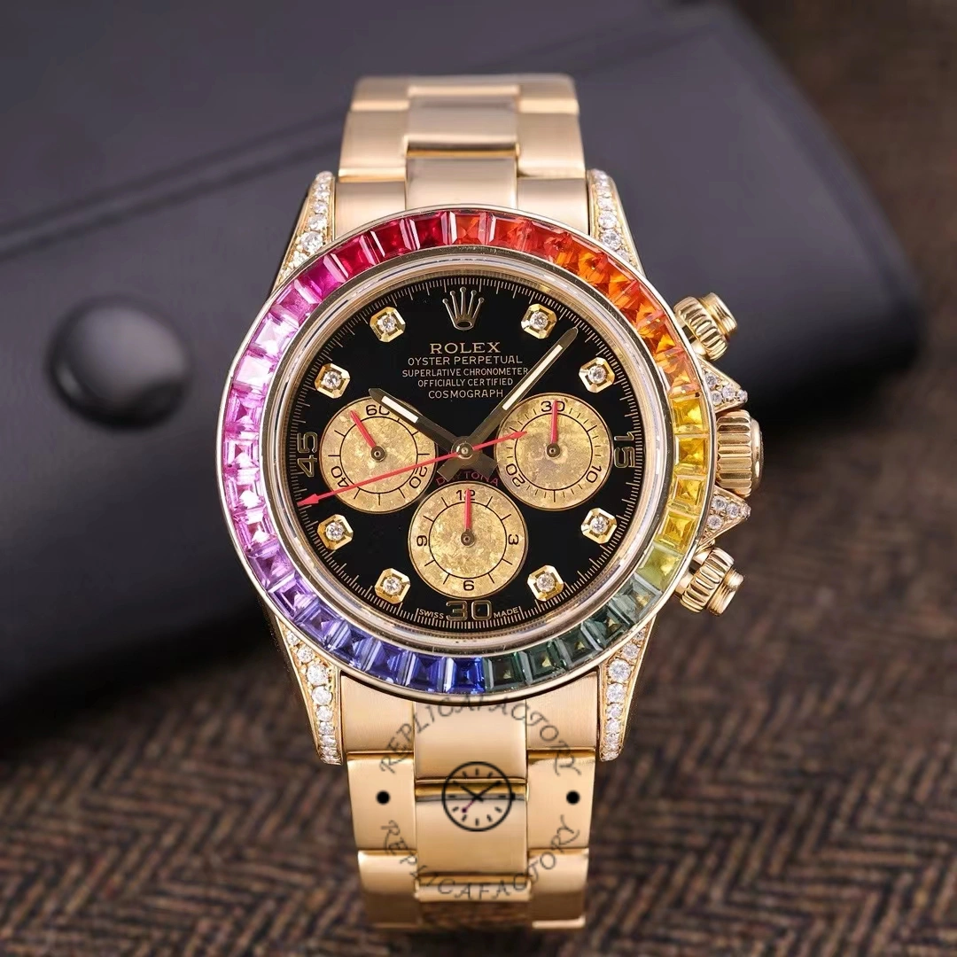 Replica Rolex Daytona 116528 Rainbow Bezel Black Diamond Dial 40mm Mens Watch - QualitySwissReplica