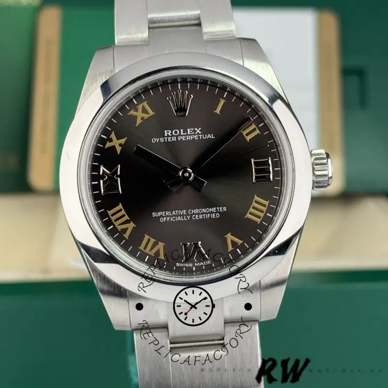 Replica Rolex Oyster Perpetual 177200 Dark Grey Dial Domed Bezel 31mm Lady Watch - QualitySwissReplica